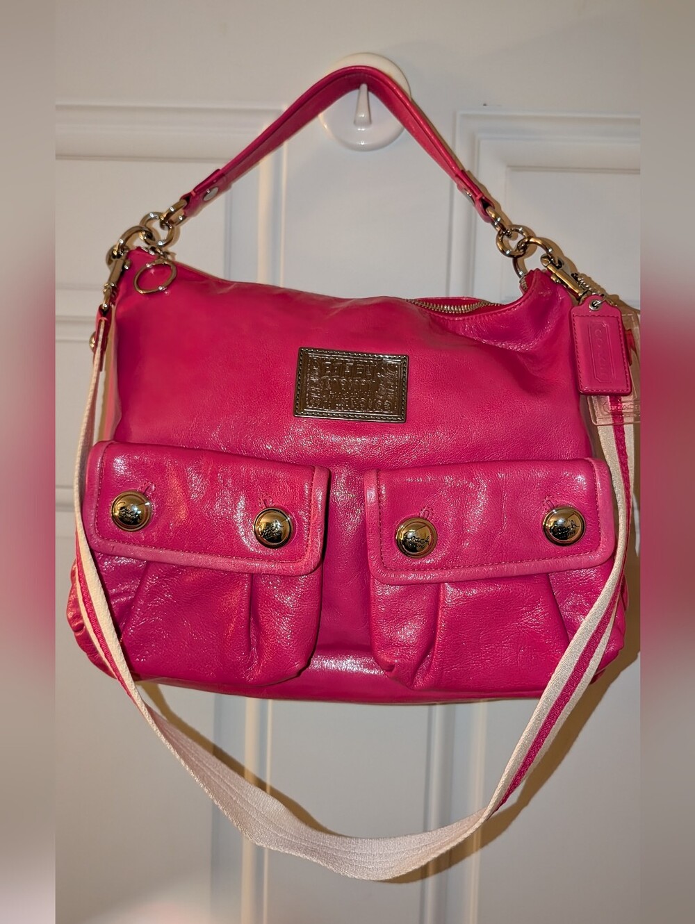 Coach Poppy 2 Way Shoulder Crossbody Patent Leather Double Front Pocket Pink
